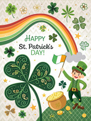 Celebrate St. Patrick's Day in style! A festive invitation featuring shamrocks, leprechauns, rainbows, and pots of gold. Perfect for themed parties and Irish celebrations