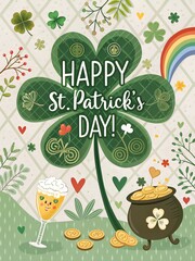 Celebrate St. Patrick's Day in style! A festive invitation featuring shamrocks, leprechauns, rainbows, and pots of gold. Perfect for themed parties and Irish celebrations