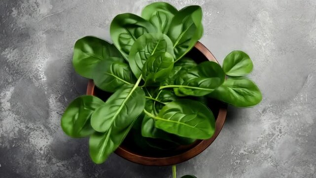 Fresh spinach bowl, dark background, healthy eating