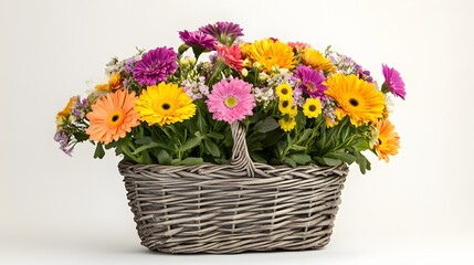 32. A joyful flower basket filled with multicolored flowers, set against a bright white background