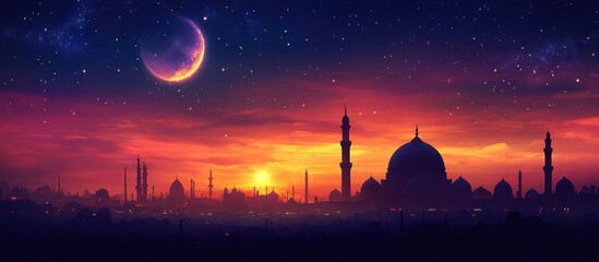 Obraz premium Sunset Mosque Cityscape, Crescent Moon
