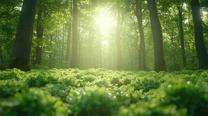 Obraz premium Sunlit Forest Floor With Lush Green Undergrowth