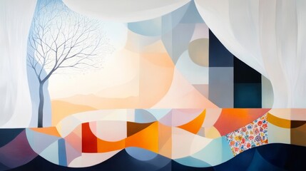 Abstract landscape art with geometric shapes, soft colors, and a single tree surrounded by vibrant patterns and flowing waves in a serene setting