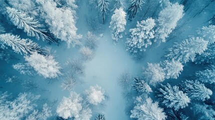 Aerial Top View of Winter Forest Landscape with Snow-Covered Trees. Christmas Nature Background, Seasonal Wallpaper for Banners or Postcards