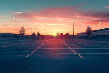 A tranquil scene featuring an empty parking lot at sunset, located near a supermarket, elegantly showcasing vibrant colors painted across the sky, along with the welldefined lines for parking spaces