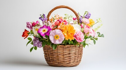 38. A graceful basket of mixed flowers, ideal for auspicious events and celebrations against a white background