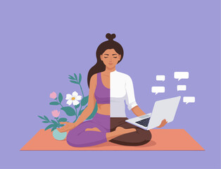 work life balance vector concept business woman meditating yoga laptop flower female character choosing between health relax career dividing office illustration