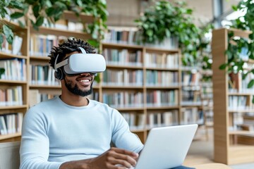 A student wearing a VR headset in a library. Generative AI