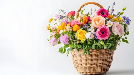 40. White background showcasing a gorgeous flower basket filled with colorful and fragrant blooms for auspicious gifting