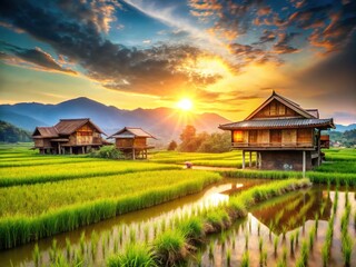 Tranquil Paddy Fields & Rustic Homes - Artistic Landscape