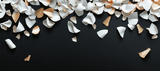 Rose Gold And White Petal Confetti Scattered On Black Background, Border Top View, Flat Lay