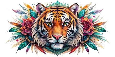 Obraz premium Tribal tiger head tattoo wallpaper, bold design.