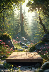 Great Night of Lord Shiva Podium, Empty product display podium, serene forest sanctuary, wooden podium placed, blooming flowers, moss-covered rocks, Trishul standing tall among the trees, ad, podium