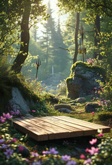 Great Night of Lord Shiva Podium, Empty product display podium, serene forest sanctuary, wooden podium placed, blooming flowers, moss-covered rocks, Trishul standing tall among the trees, ad, podium