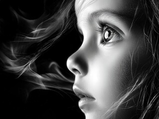 Fototapeta premium Captivating gaze of a young girl surrounded by wisps of smoke in a dramatic portrait