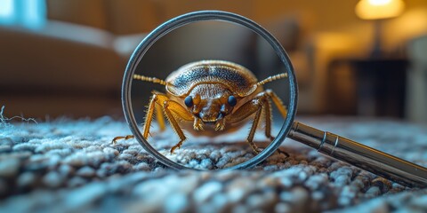 A bed bug under a magnifying glass in the living room of an apartment, with the focus on one small brownish-brown creature with long yellow legs and two black spots on its back, surrounded by furnitur