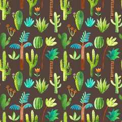 watercolor seamless pattern, safari cacti, tropical background exotic illustration