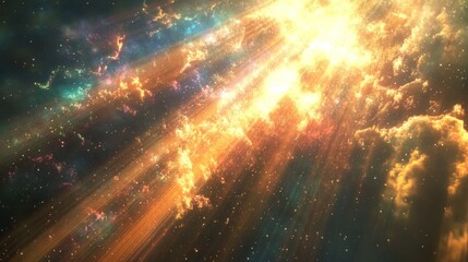 Celestial light rays bursting through colorful clouds in space.