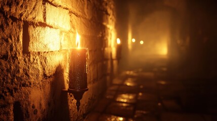 Illuminated Pathway in Dark Stone Corridor with Glowing Candles