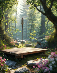 Great Night of Lord Shiva Podium, Empty product display podium, serene forest sanctuary, wooden podium placed, blooming flowers, moss-covered rocks, Trishul standing tall among the trees, ad, podium