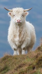 Fototapeta premium Highland Cow, White Fur, Majestic Pose, Scottish Highlands, Nature Photography, Wildlife Stock Image
