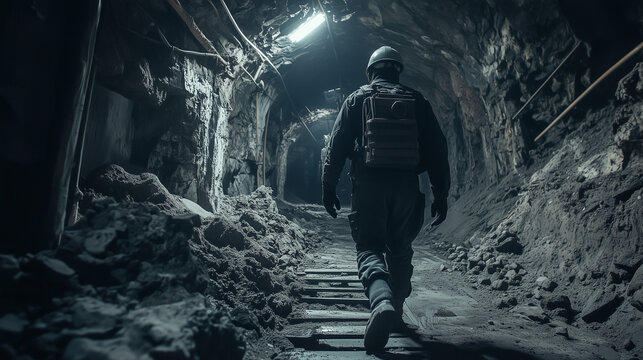 Male miner walking through dimly lit underground tunnel, coal mining, mine, worker