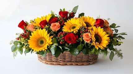 Obraz premium 53. A basket of fresh sunflowers and roses with a white background, perfect for festive gifting