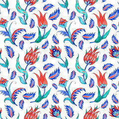 Turkish tulip flowers and leaves, fantasy decor element. Seamless pattern of watercolor illustrations in oriental style. For design, souvenirs, printing, textiles, wallpaper