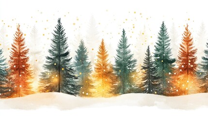 Obraz premium Watercolor Christmas Tree with Snow and Glowing Lights. Winter Landscape with Fir Trees for Holiday Decor, Greeting Cards, and New Year Designs