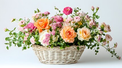 Fototapeta premium 56. A beautiful floral arrangement in a basket on a white backdrop, ideal for an elegant gift on special occasions