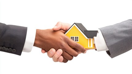 A handshake between two people, with a small house model exchanged, symbolizing real estate transactions or home ownership.