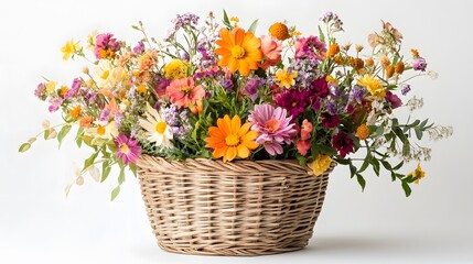 55. A stunning flower basket filled with seasonal flowers set against a crisp white background, perfect for gifts