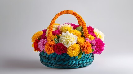 58. A vibrant, colorful flower basket arranged with care against a white background for auspicious gifting