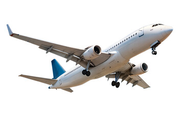 Airplane soaring high in a clear blue sky, isolated PNG with transparent background