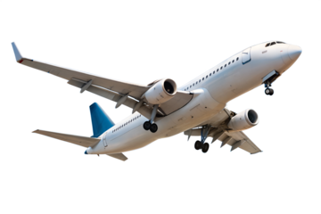 Airplane soaring high in a clear blue sky, isolated PNG with transparent background