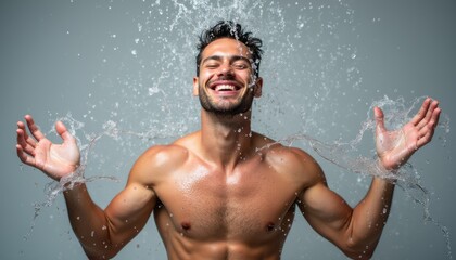 A muscular man with a radiant smile stands confidently, arms outstretched, as water splashes around him against a soft gray backdrop. This vibrant image captures the essence of joy and freedom