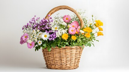 62. Freshly arranged flowers in a basket on a white background, ideal for an elegant gift for special occasions