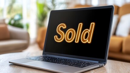 A laptop displaying the word "Sold" illuminated, indicating a completed transaction in a modern, cozy environment.