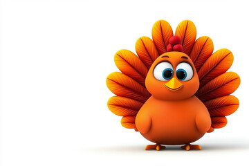 Adorable cartoon turkey, bright orange feathers, big eyes, Thanksgiving vibes!