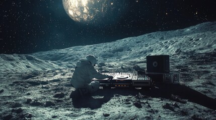 Astronaut DJing on the moon's surface under a large Earth.