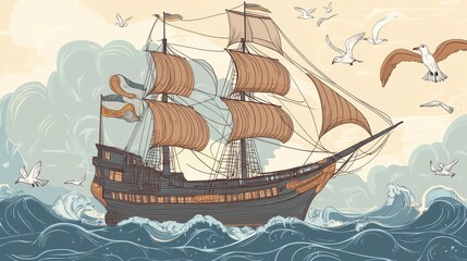 Vintage Sailing Ship Illustration: Majestic Ocean Vessel Art, Detailed Nautical Ship Design, Historical Maritime Artwork