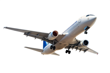 Airplane soaring high in a clear blue sky, isolated PNG with transparent background
