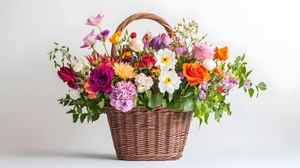 63. A lovely flower basket with a white background, filled with vibrant blooms for festive or spiritual events