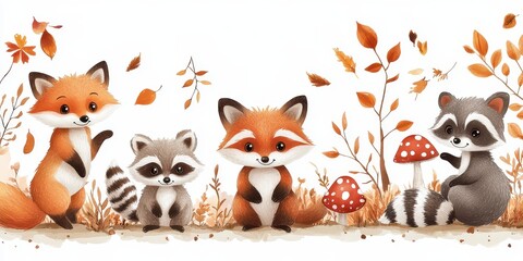 Cute cartoon autumn forest background with foxes, raccoons, and mushrooms on a white background. Vector illustration with empty space for text or design. Hand-drawn cartoon-style vector illustration o