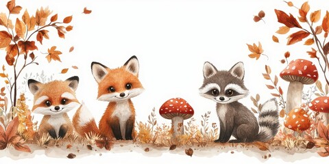 Cute cartoon autumn forest background with foxes, raccoons, and mushrooms on a white background. Vector illustration with empty space for text or design. Hand-drawn cartoon-style vector illustration o