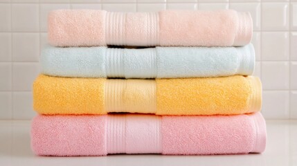 Neatly Folded Pastel Towels in a Clean and Cozy Bathroom Setting
