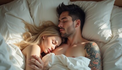 A serene couple lies entwined in a cozy bed, their faces relaxed and content as they share a tender moment. The soft morning light gently illuminates their features, highlighting the contrast between