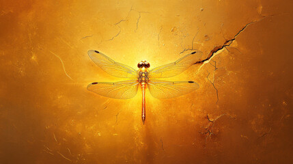 Good luck, A high-resolution image of a golden dragonfly resting on a cracked window, showcasing intricate details and textures in a natural setting.