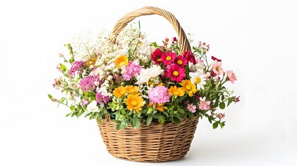 71. A refreshing flower basket on a white background, filled with seasonal blooms for auspicious gifts