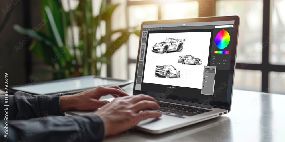Poster electric car design software on computer screen showing simulation blueprint brisk by digital calcul